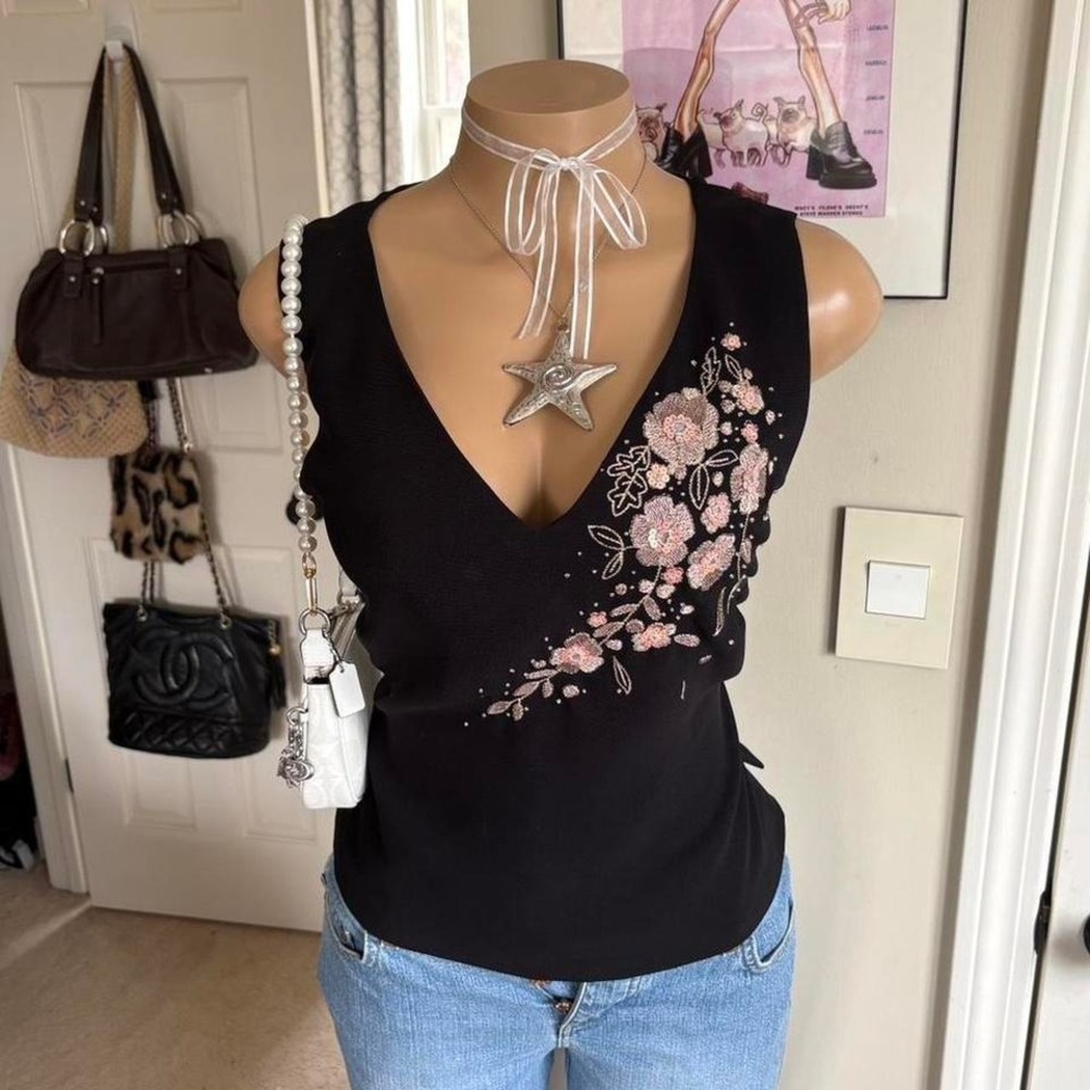 y2k black embroidered floral top beaded v neck 2000s